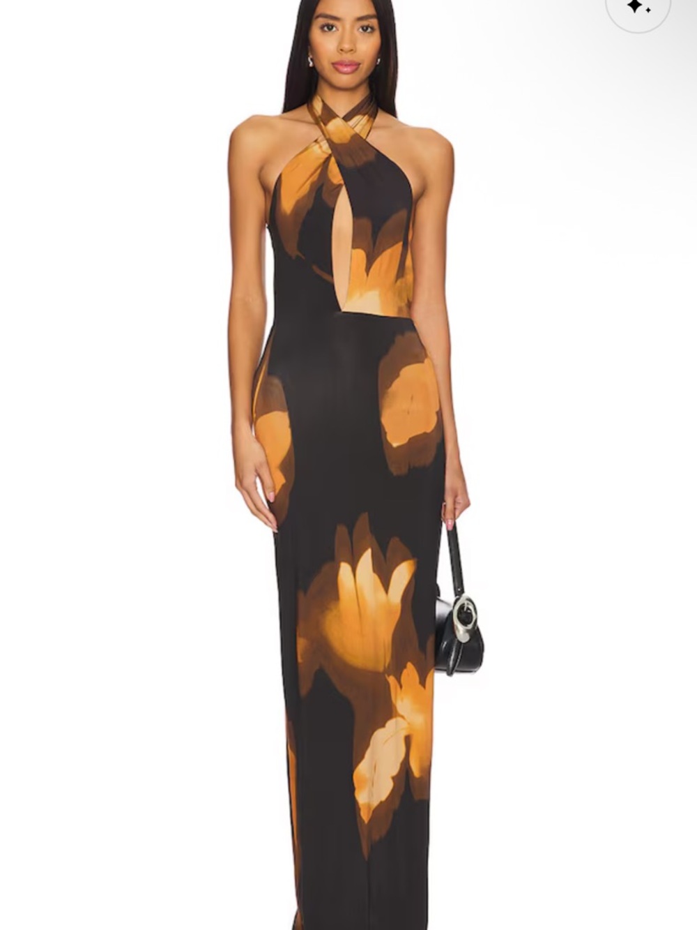 AFRM Genie Maxi Dress Noir Blur Floral Halter Cutout Bodycon Size L